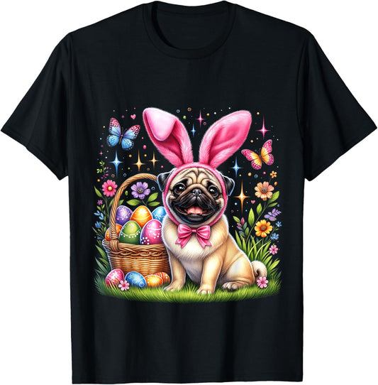 Cute Bunny Pug Easter Eggs Basket Dog Easter Day Party T-Shirt