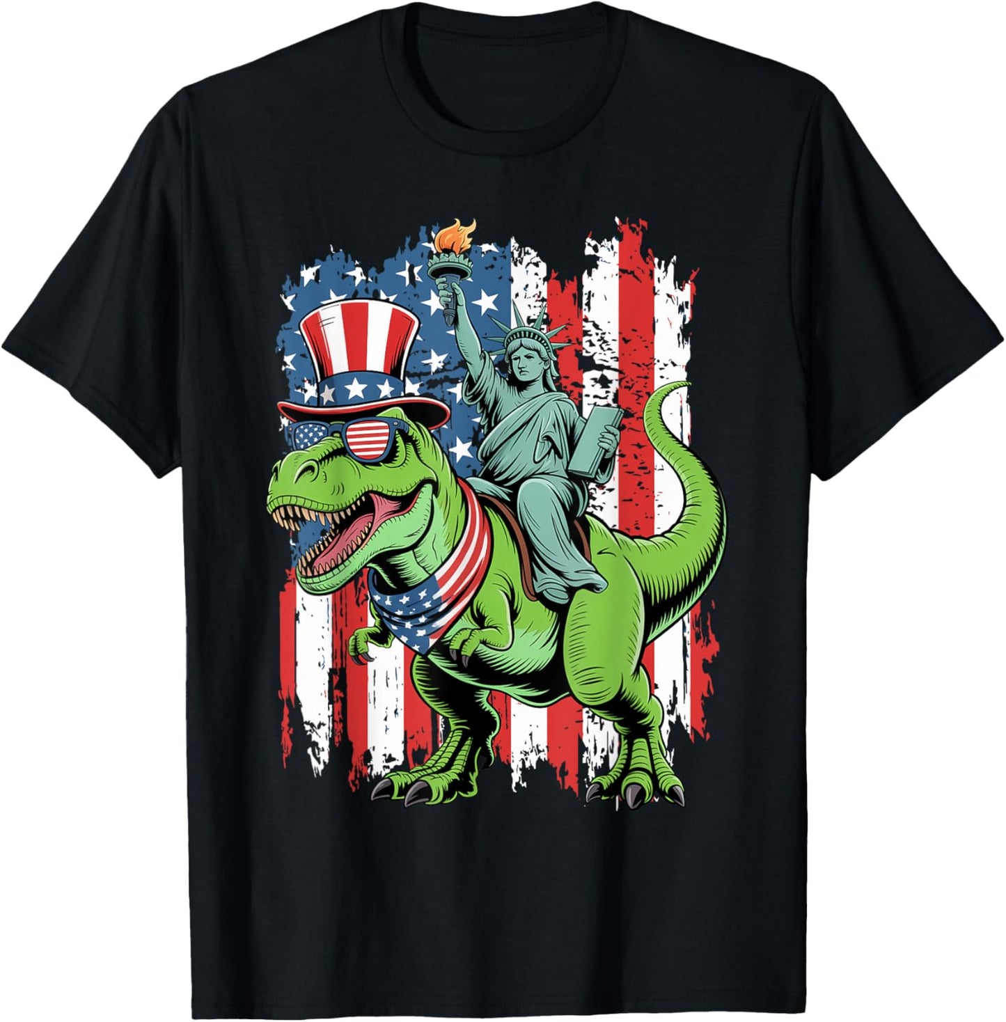 Kid 4th of July Statue Liberty Riding T Rex Dinosaur Boys T-Shirt