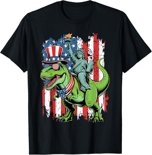 Kid 4th of July Statue Liberty Riding T Rex Dinosaur Boys T-Shirt