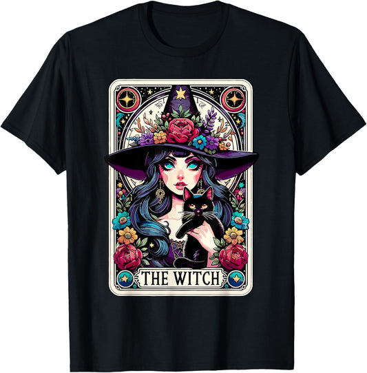 The Witch Tarot Card Halloween Gothic Witchy Vibes Black Cat T-Shirt