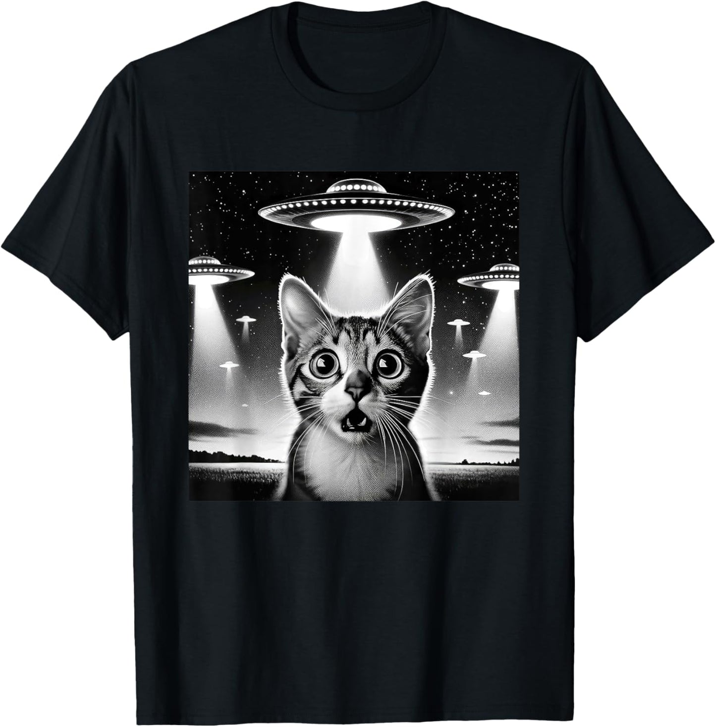 Funny Cat UFO Alien Cat Graphic Men Women Kids T-Shirt
