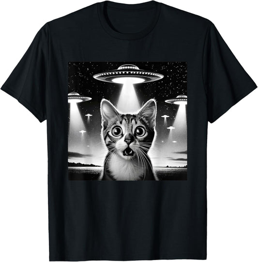 Funny Cat UFO Alien Cat Graphic Men Women Kids T-Shirt