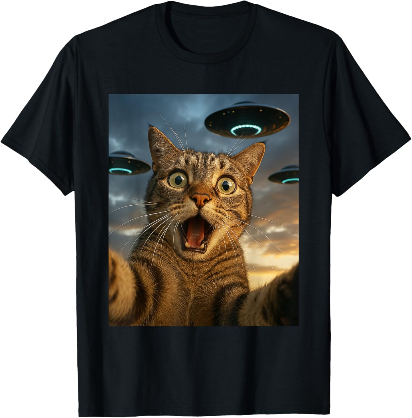 Funny Cat Selfie with UFOs T-Shirt