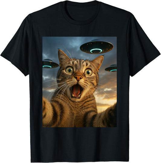 Funny Cat Selfie with UFOs T-Shirt