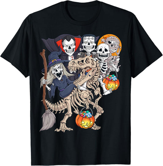 Halloween Zombie Mummy Skeletons Riding T Rex Funny Pumpkin T-Shirt