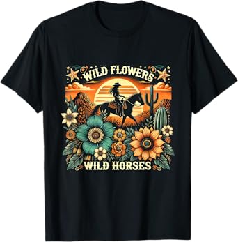 Sunset Cowgirl Riding Horse Wild Flowers - Wild Horses T-Shirt