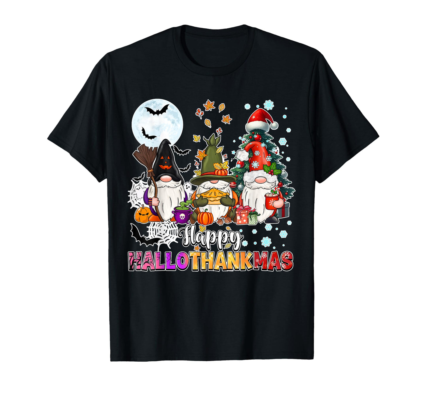 Happy Hallothanksmas Gnomes Lover Funny Halloween Xmas Thank T-Shirt