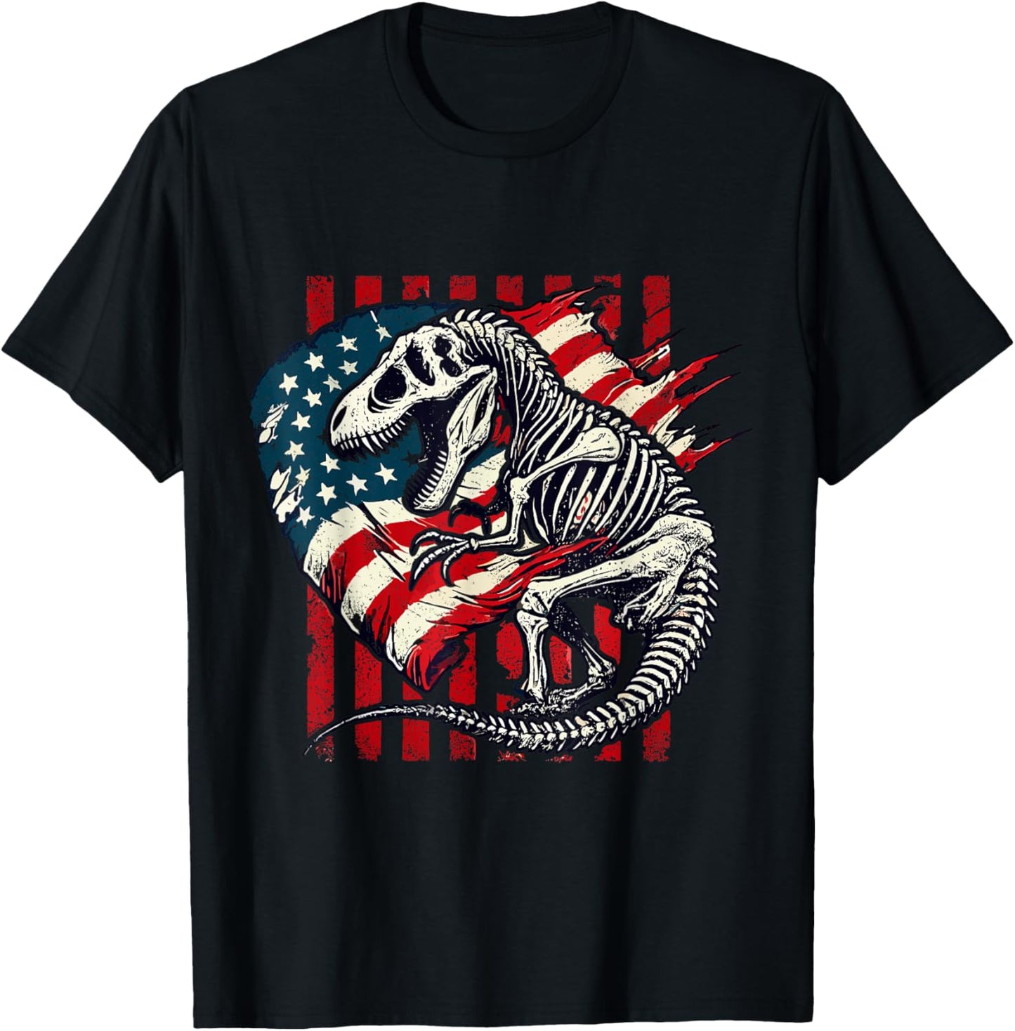Funny Patriotic T-Rex Skeleton American USA Flag Vintage T-Shirt