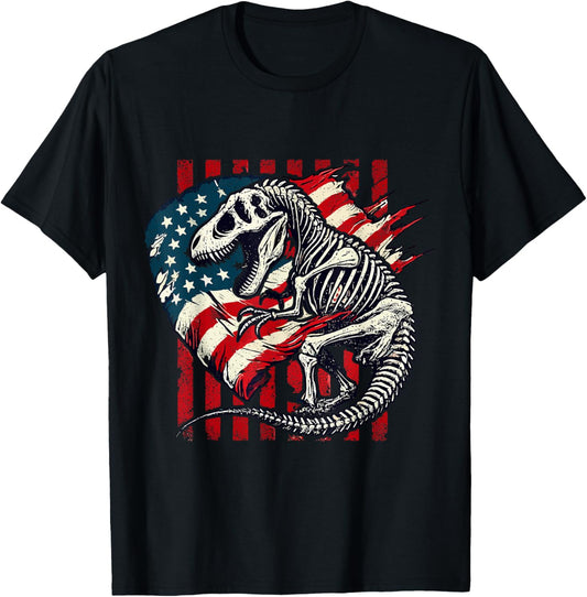 Funny Patriotic T-Rex Skeleton American USA Flag Vintage T-Shirt