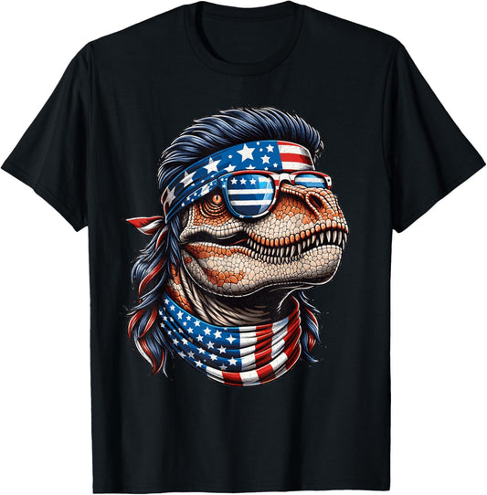 TRex Patriotic USA American Flag Mullet 4th of July Dinosaur T-Shirt