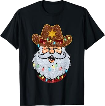 Santa Cowboy Western Christmas Xmas Lights Holiday Pajamas T-Shirt