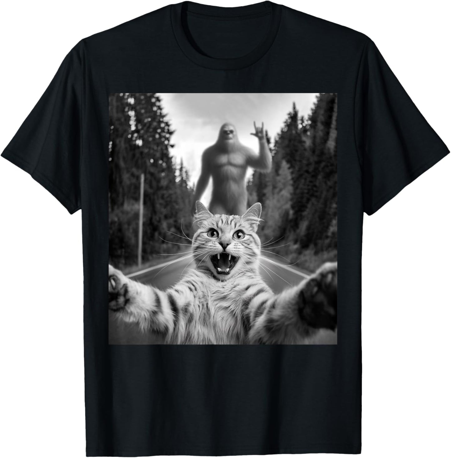 Cat Selfie With Bigfoot Funny Cat Gifts For Men Women Kids T-Shirt