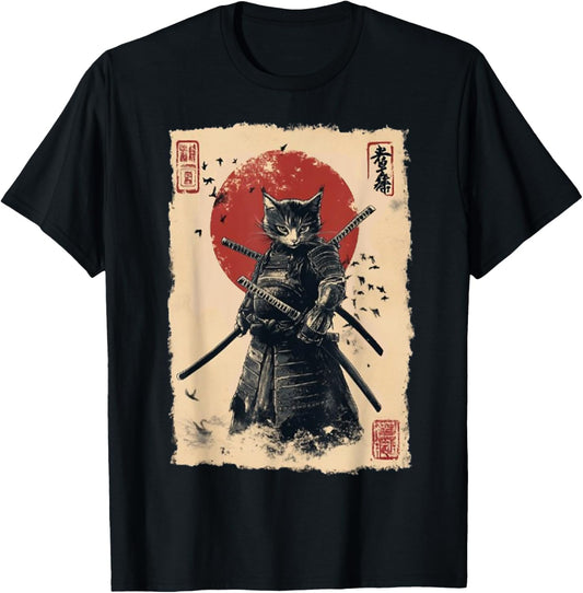 Vintage Japanese Art anime graphic samurai cat warrior T-Shirt