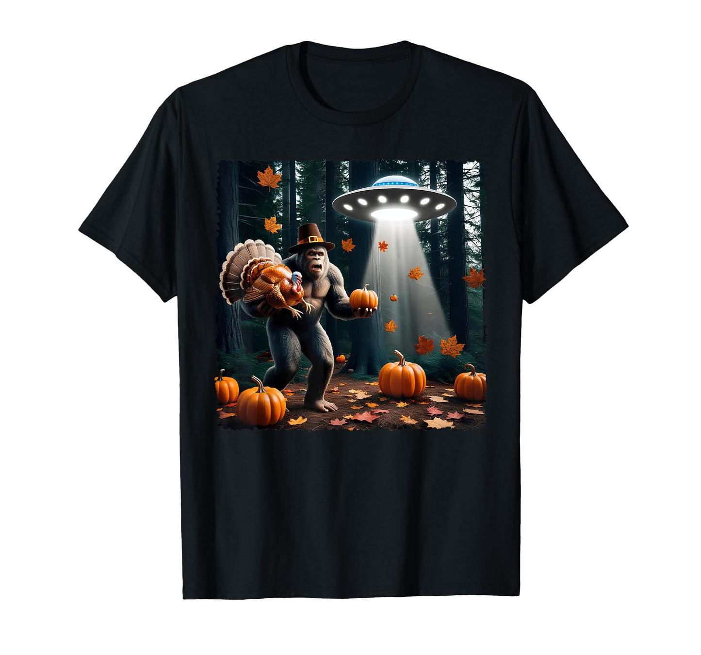 Bigfoot Sasquatch Turkey UFOs Funny Thanksgiving Day Pumpkin T-Shirt