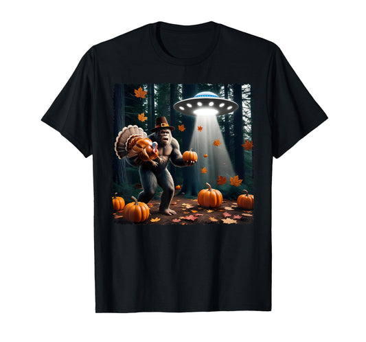 Bigfoot Sasquatch Turkey UFOs Funny Thanksgiving Day Pumpkin T-Shirt