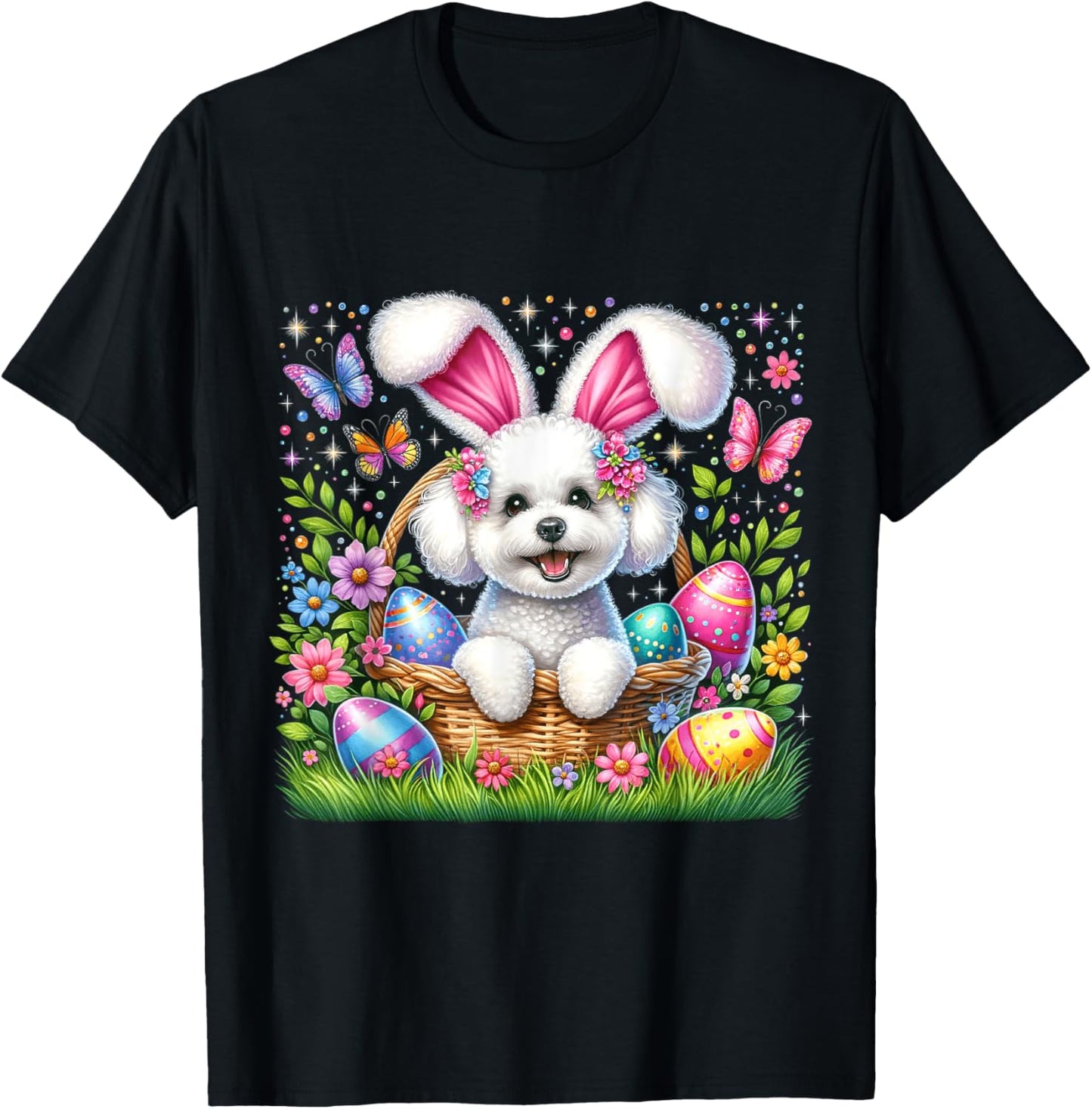 Cute Bunny Bichon Frise Dog Easter Eggs Basket Easter Day T-Shirt
