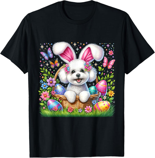 Cute Bunny Bichon Frise Dog Easter Eggs Basket Easter Day T-Shirt