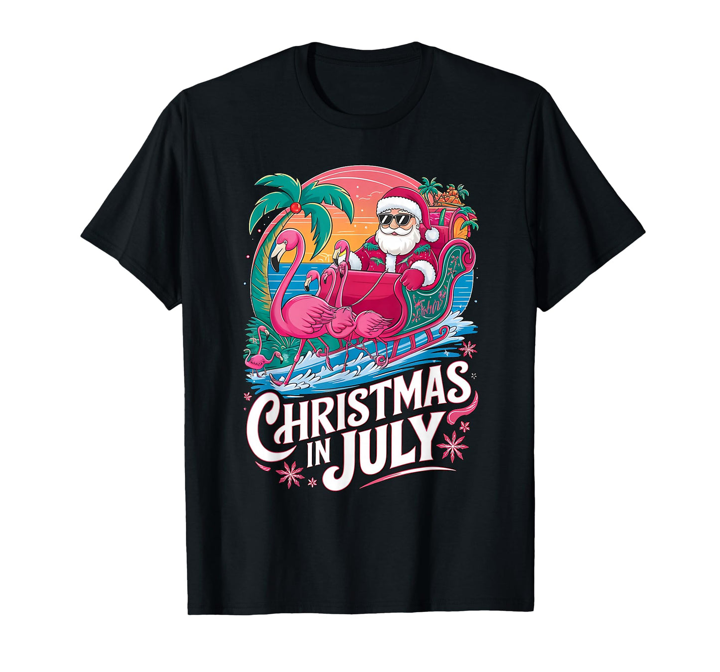 Christmas in July Santa Flamingo Float Summer Beach Vacation T-Shirt