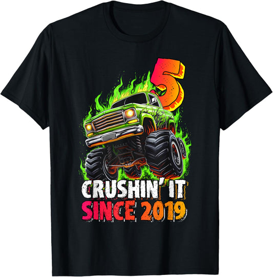 Monster Truck 5 Year Old Boys 5th Birthday Party Born 2019 T-Shirt
