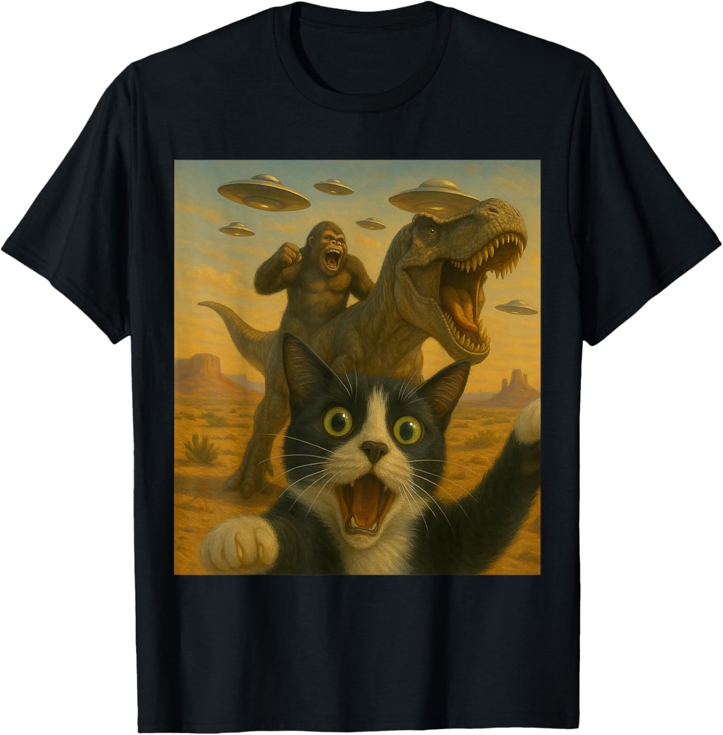 Funny Surprised Scared Cat Selfie T-Rex Dinosaur Bigfoot UFO T-Shirt