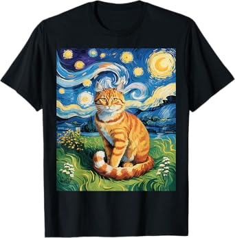 Orange Tabby Tiger Cat Van Gogh Art Style Tee T-Shirt for Men Women Kids