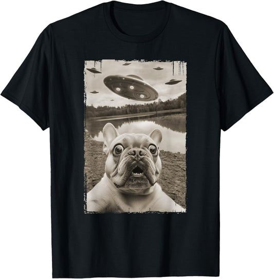 French Bulldog and UFO - Funny UFO and French Bulldog Selfie T-Shirt