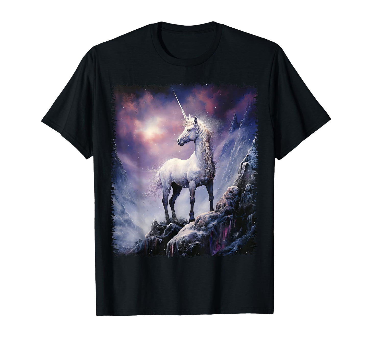 Fantasy white Unicorn standing on the snowy hill T-Shirt
