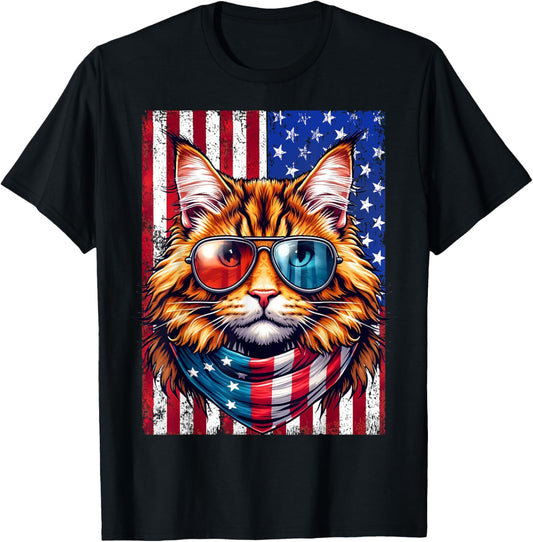 Maine Coon Wearing USA Flag Cat Lover Patriotic 4th of July T-Shirt