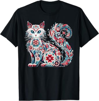 Scandinavian Nordic Folk Art Colorful Cat Flower Cottagecore T-Shirt