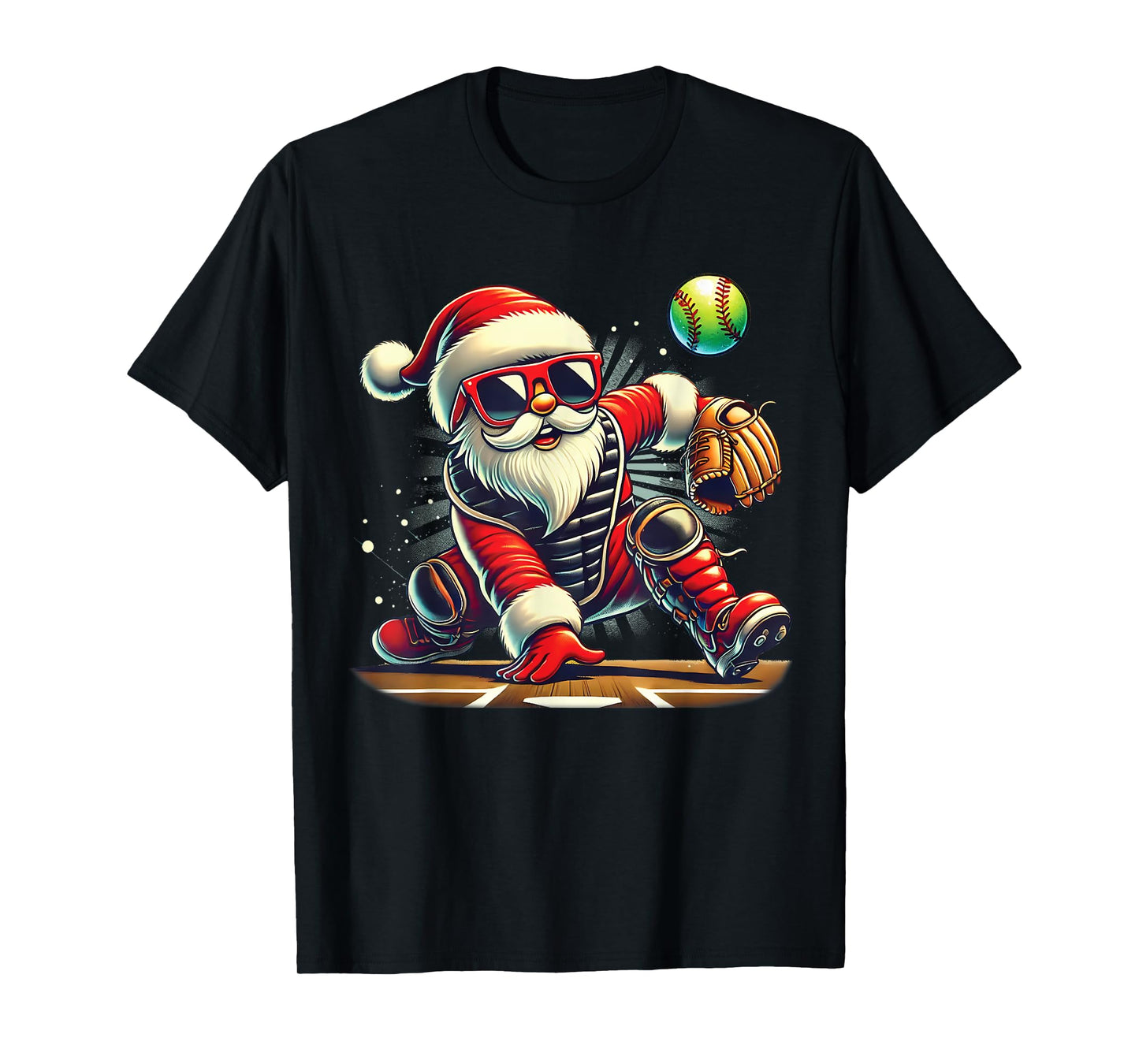 Santa Playing softball Catcher Girls kids funny Christmas T-Shirt