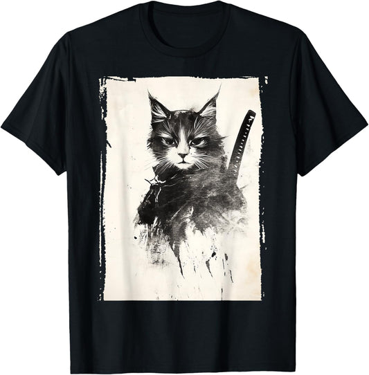 Vintage Japanese Samurai Cat Tee - Retro Ukiyo-e Artwork T-Shirt