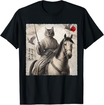 Samurai Cat Graphic Ukiyo Warrior Vintage Japanese Art Anime T-Shirt
