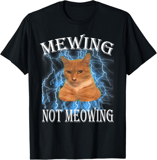 Mewing Cat T-Shirt, Unisex-Adult, Black, Small, Short Sleeve
