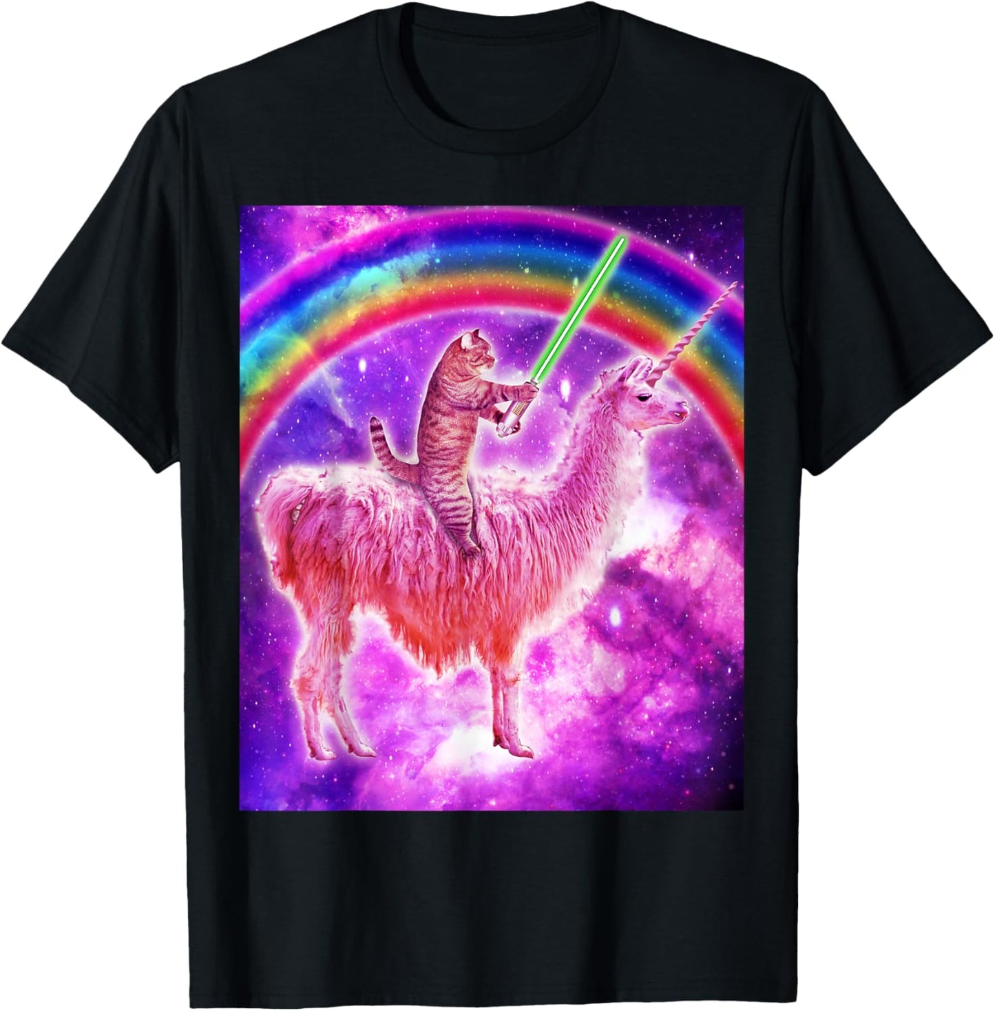 Kitty Cat Riding Llama Unicorn Rainbow In Space Cat Lover T-Shirt