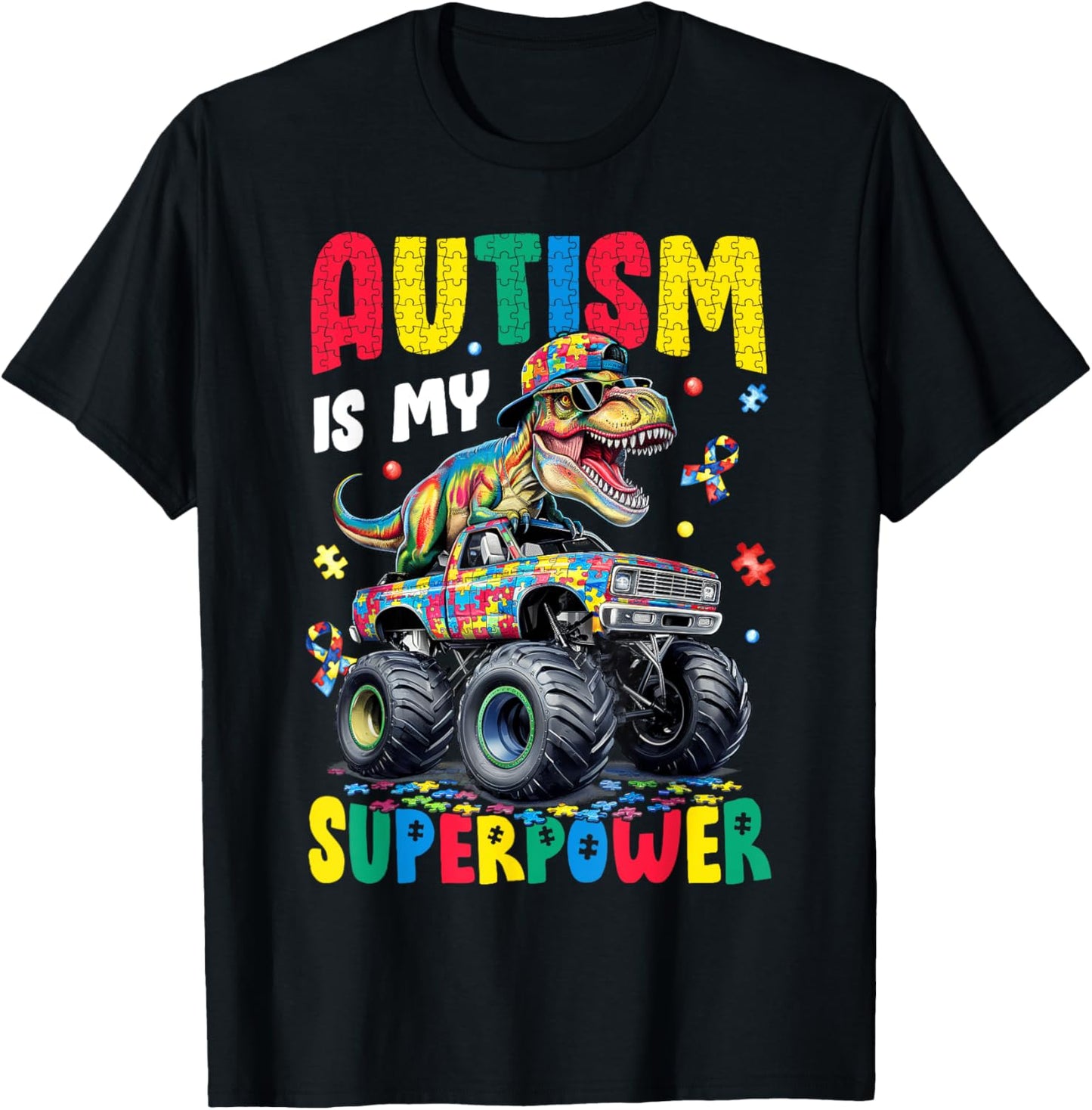 Autism Is My Superpower Autism Dinosaur Monster Truck Boy T-Shirt
