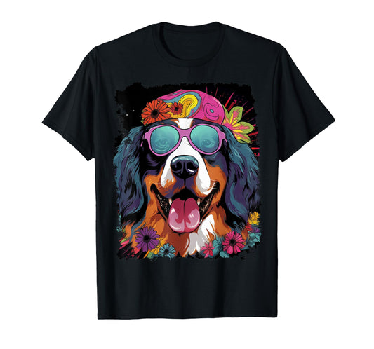 Pop Art Bernese Mountain Dog Flower Love Peace T-Shirt