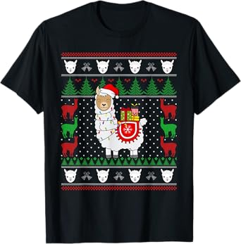 Christmas Llama Santa Hat Cute Ugly Xmas Sweater Funny Gift T-Shirt