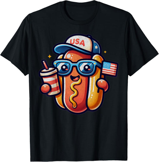 4th of July Hotdog Funny Fourth of July Patriotic USA Flag T-Shirt