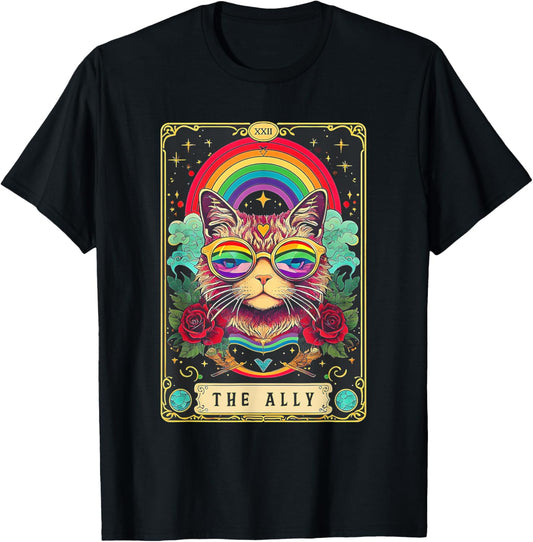 Funny Ally Cat Tarot Card Pride Sunglasses Gay Pride LGBTQ T-Shirt