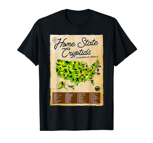 Home State Cryptids & Legends of America Cryptozoology Map T-Shirt