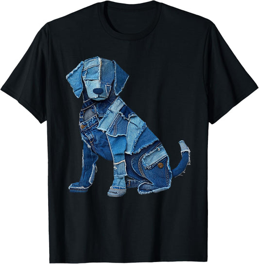 retro dog pattern denim patchwork art print patch animal T-Shirt
