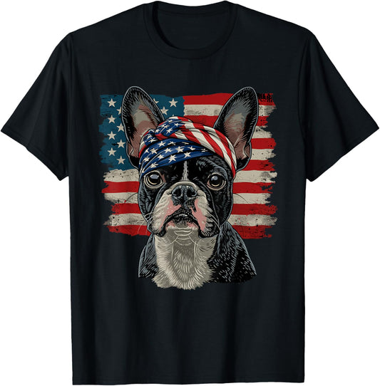 Boston Terrier Patriotic 4th Of July USA American Flag T-Shirt