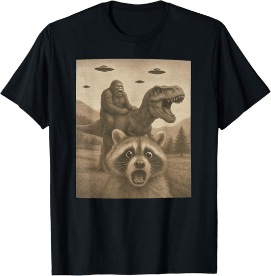 Funny Racoon Selfie Bigfoot Riding T rex UFO Bigfoot T-Shirt