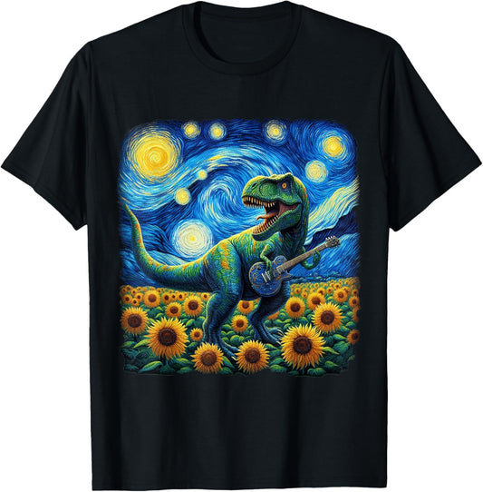 Dinosaur Starry Night Van Gogh Rock T Rex Playing Guitar T-Shirt