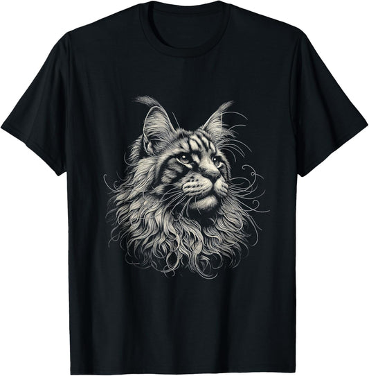 Vintage Maine Coon Cat Face Graphic Art Design T-Shirt