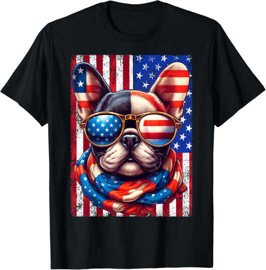 French Bulldog USA Flag Sunglasses 4th of July Patriotic Dog T-Shirt