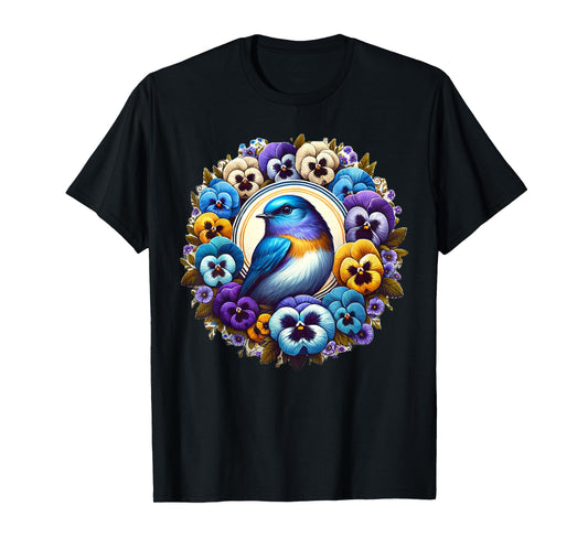 Cottagecore Aesthetic Floral Bluebird Bird Pansies T-Shirt