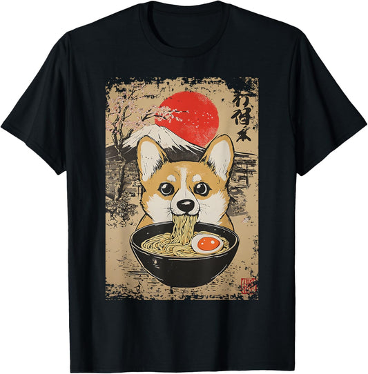 Corgi Ramen Slurp Sakura Mt Fuji Kawaii Pup Retro Japan Fun T-Shirt