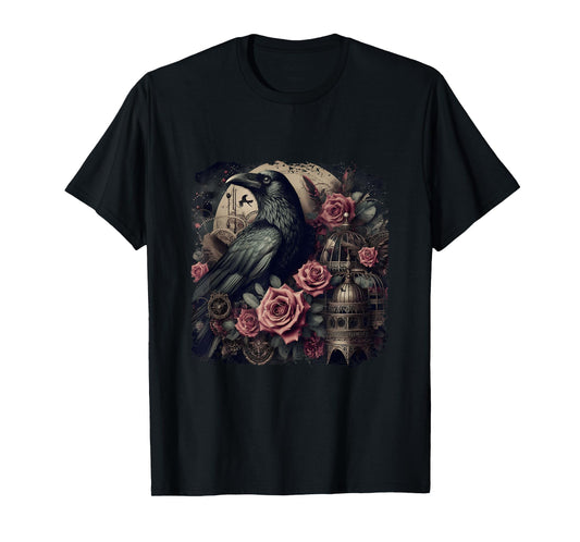 Gothic Raven Rose Enchanted Vintage Floral Crow Halloween T-Shirt