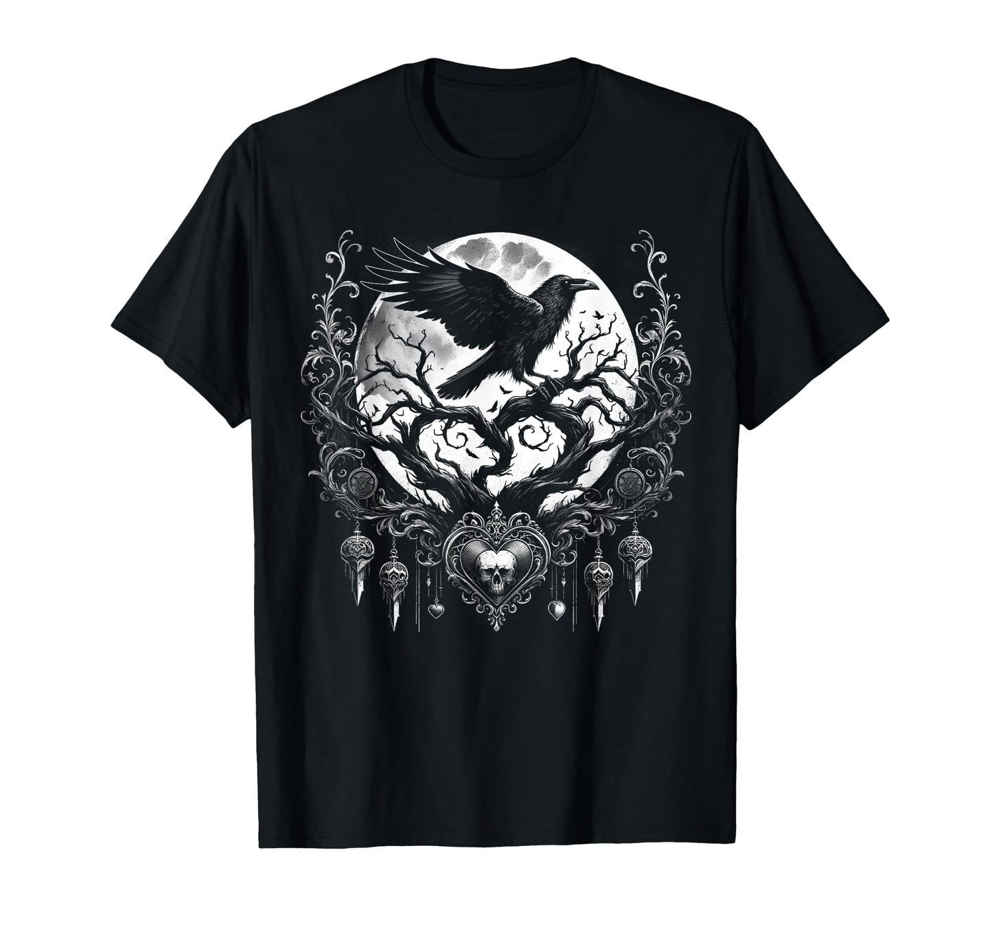 Women Mystical Raven Tree Love Gothic Dark Fantasy Crow Moon T-Shirt